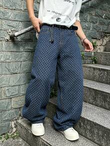 Men's Deep Blue Jacquard Textured Wide Leg Jeans, Y2K Oversized Loose Streetwear Style - Blue - View 5