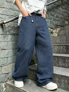 Men's Deep Blue Jacquard Textured Wide Leg Jeans, Y2K Oversized Loose Streetwear Style - Blue - View 2