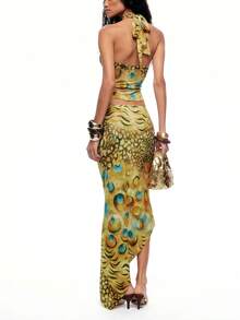 Chic Women's Cheetah Print Halter Two Pieces Outfit With Maxi Skirt, Sexy Bodycon Ensemble For Parties & Special Occasions, Medium Stretch - Green - View 3