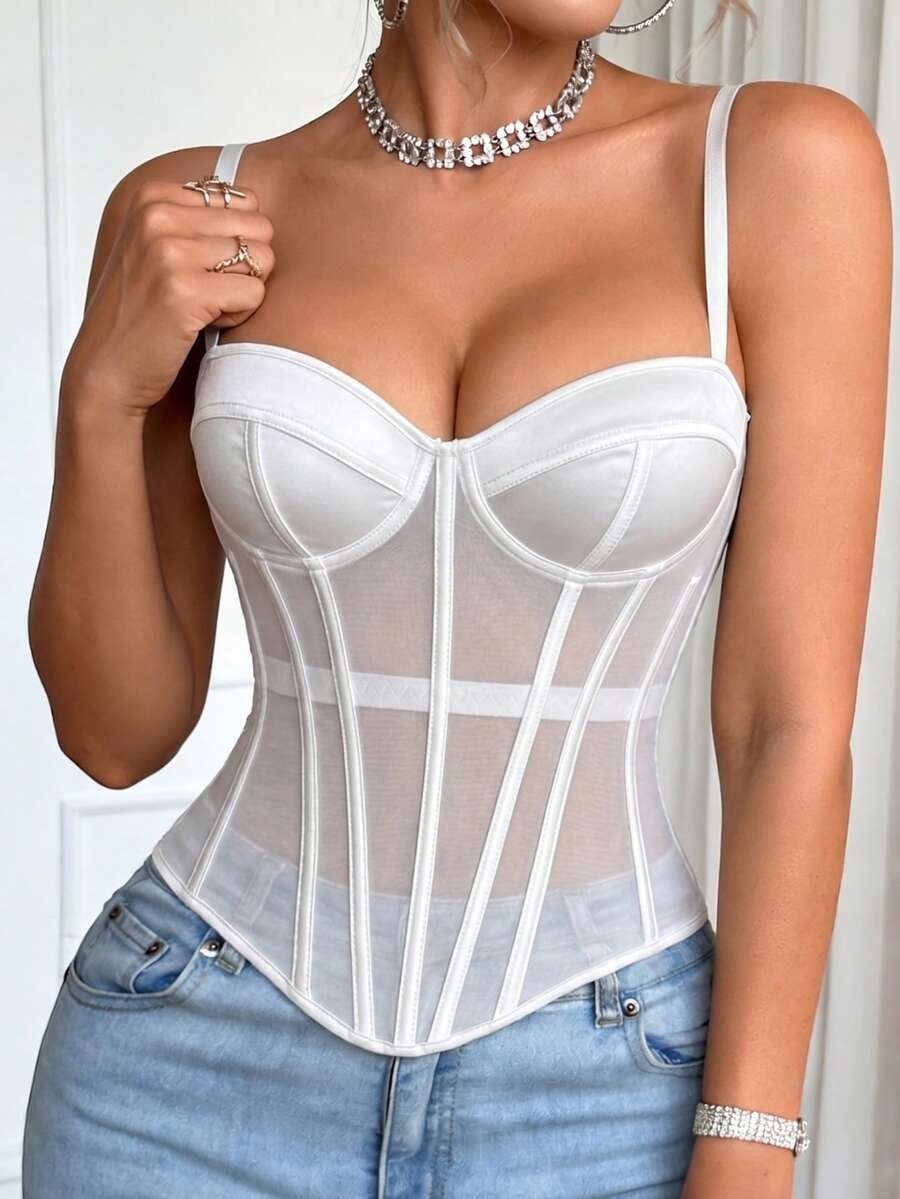 1pc Mesh Fishbone Bustier Sexy Sheer Body-Shaping Camisole Backless Slim Fit Fishbone Spaghetti Strap Top - White - View 1