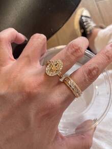 3pcs Old Money Style Vintage Full Rhinestone Iris Flower Rings, Luxury Retro Niche High-End Feel, Stackable Rhinestone Index Finger Ring Band, Versatile Fashion Accessory For Daily Commute - Gold - View 3