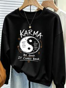 大尺碼女款圓領運動衫，印有 Karma 陰陽標語圖案，適合秋冬日常街頭穿搭 - 黑色 - 查看 3