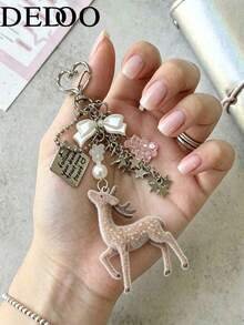 Dedoo Deer Shaped Keychain Pendant, Lace Pearl Bow Bag Charm, Korean Sweet Clover Backpack Hanging Chain, Y2K Girl Style Gift - Multicolor - View 1