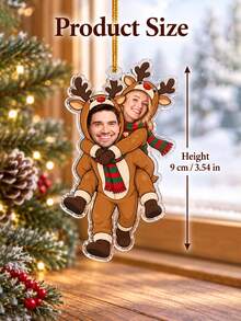 1pc Custom Photo Reindeer Couple Christmas Ornament, Personalized Face Tree Hanging Decoration, Playful Piggyback Holiday Keepsake, Festive Gift For Partners, Winter Home Decor, Christmas Gift - Brown - View 7