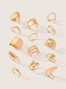 Valisandre 14/2pcs Exaggerated Vintage Coin Textured Multi-Layer Geometric Asymmetrical Shape Hollow Circle Wave Design Chunky Rings Set - Yellow Gold - View 5