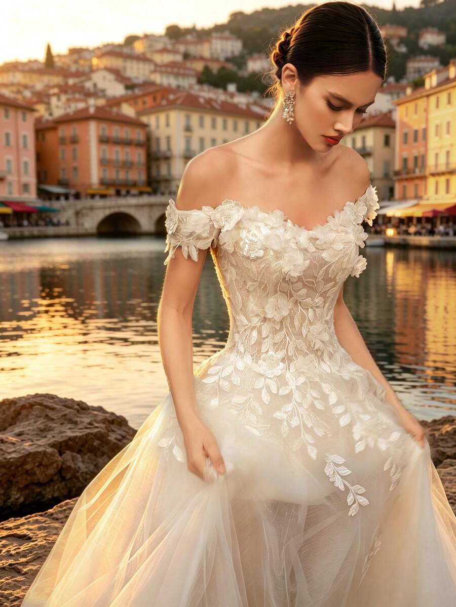 Elegant Off-Shoulder Short Sleeve Wedding Dress, Decorated With Applique And Slit Design, Woven Fabric Long Romantic Gown