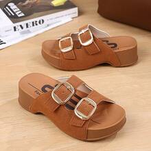 5cm Petite Thick Sole -Style Slides, Versatile Casual Holiday Sandals, Flat Beach Slippers - Brown - View 3