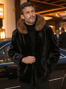 Men's Autumn/Winter Faux Fur Hooded Thick Coat - Black - View 8