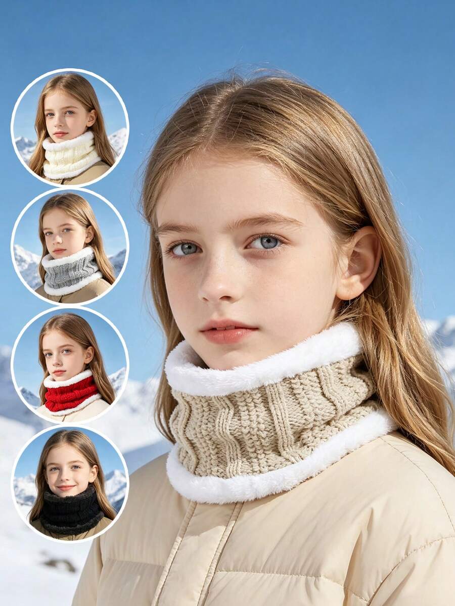 1pc Fleece Trim Cable Knit Children's Neck Warmer, Elastic Shiny Thread Seamless Loop Scarf, Unisex Daily Accessory - 1PC - View 1