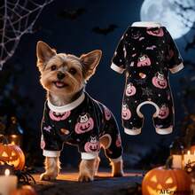 Opjoys 1pc Halloween Pumpkin & Bat Print Dog , Soft Cute Healing Style Skin-Friendly Knitted Four-Legged Design Round Neck Ribbed Cuff Warm Belly Protection Anti-Shedding Pet Home Wear Spring Autumn Daily - Black - View 5