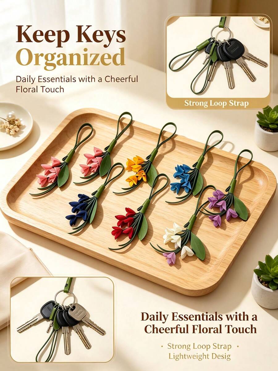 1pc Rustic Aesthetic Style Multi-Color Tulip Bouquet Artificial Leather Flower, With Green Leaf Details, Long Rope Loop Hanging Ornament, Keychain, Bag Charm, All-Season Daily Decor And Holiday Gift - Multicolor - View 1