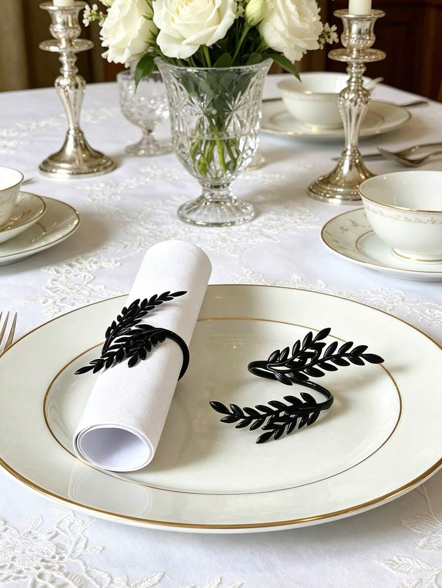 2/4/6/12pcs Harvest Wheat Wreath Napkin Rings, Gold Metal Rustic Farmhouse Decor For Home, Kitchen, Dining Room, Events, Weddings, Parties, Hotels - Black - View 1