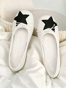 Sweet Cool Star Bow Low Vamp Ballet Shoes Women Round Toe Soft Sole Niche Personalized Flat Shoes Plus Size Autumn - White - View 1