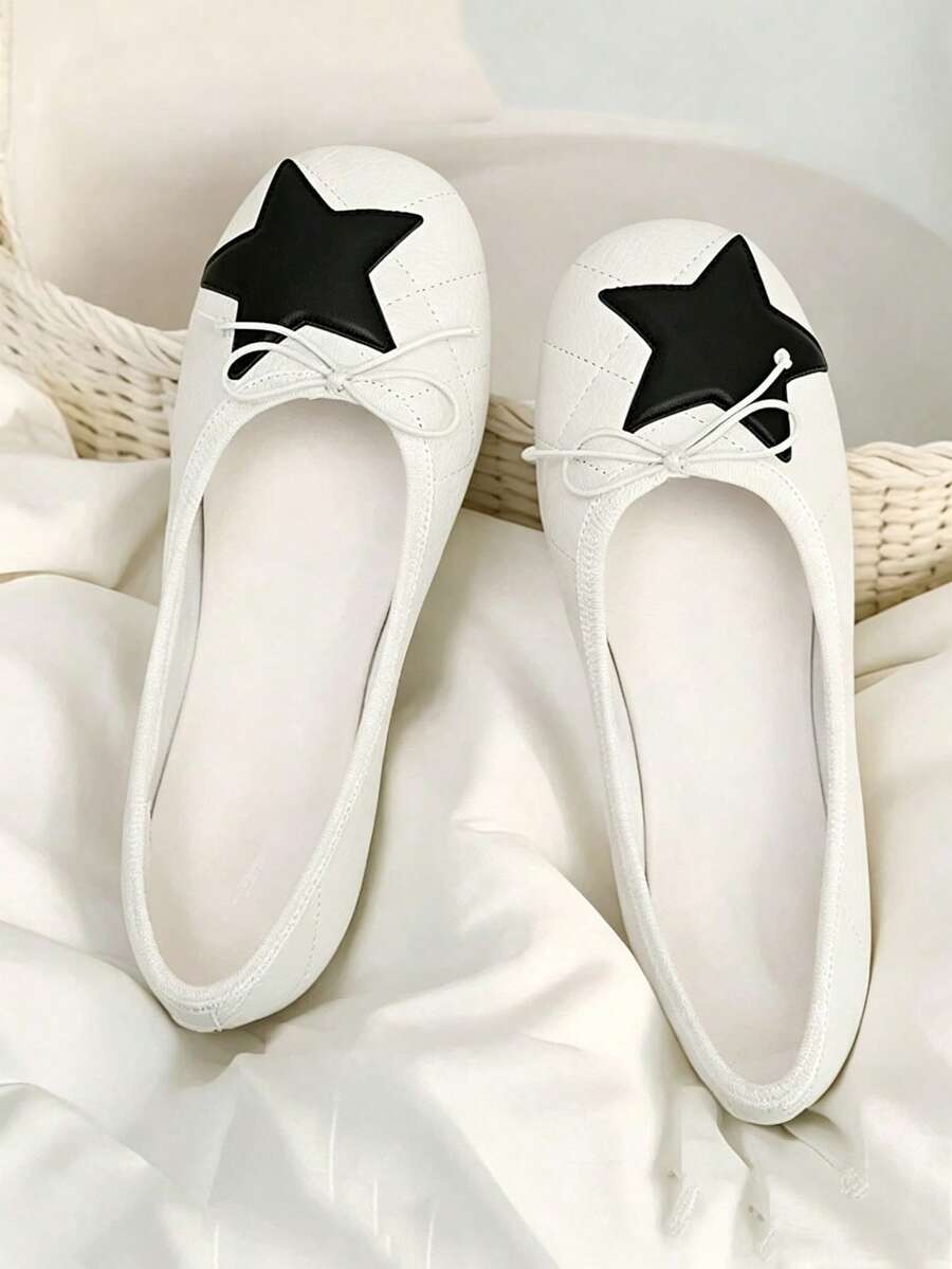 Sweet Cool Star Bow Low Vamp Ballet Shoes Women Round Toe Soft Sole Niche Personalized Flat Shoes Plus Size Autumn - White - View 1