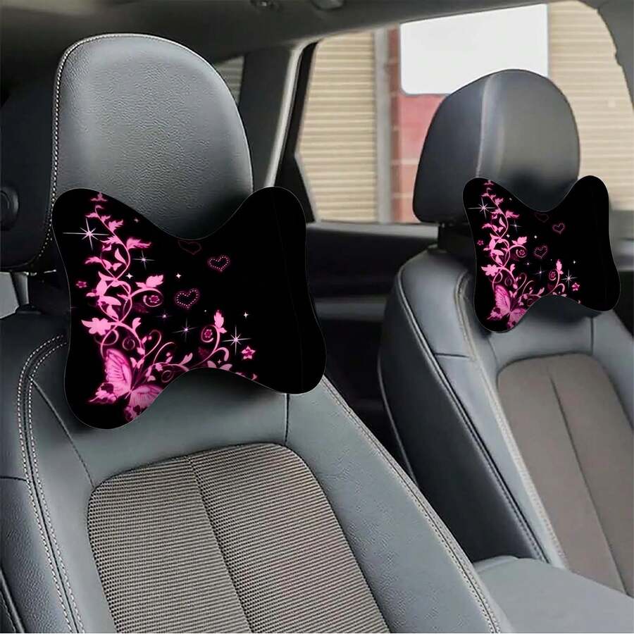 1pc/2pcs Car Headrest Pillow Butterfly Heart Print, Practical And Decorative, Made Of Polyester And Polypropylene Fiber, Car Neck Pillow, Car Interior Accessory, All-Season Bone-Shaped Cushion - Headrest - View 1