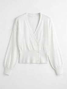Just Masa Women's Fall Casual Button Up V Neck Sweater Pullover,Solid Color Bishop Sleeve Sexy Tight Hem Rib-Knit Top,For Date,Daily Wear,Going Out - White - View 3