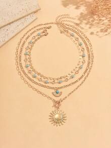 4pcs/Set Style Turquoise Sun Pendant With Round Coin Chain Decor Multi-Layer Stacked Necklace Fashion Women's Neck Jewelry Suitable For Daily Wear, Dating, Vacation And Travel - Multicolor - View 2