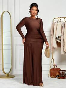 BIUBIU Chic Brown Long Maxi Dress With A Classic Round Neckline Long Sleeves And Ruched Accents Offering A Stylish Look For Formal Evening Wear - Brown - View 6