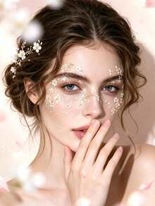 1pc Fresh Floral Face Decoration Sticker, Pale Pink & White 3D Small Flower & Leaf English Element, Self-Adhesive Glue-Free Face Makeup Sticker, Spring Party Photography Stage Makeup Atmosphere Face Embellishment Decoration Sticker - Multicolor - View 2