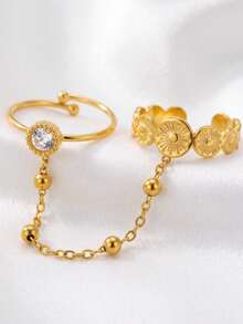 1pc Golden Plated Double Finger Chain Ring, Sunburst Disc & Round Cubic Zirconia Linked Ring With Ball Bead Chain, For Women Daily Party Jewelry Gift - Gold - View 3