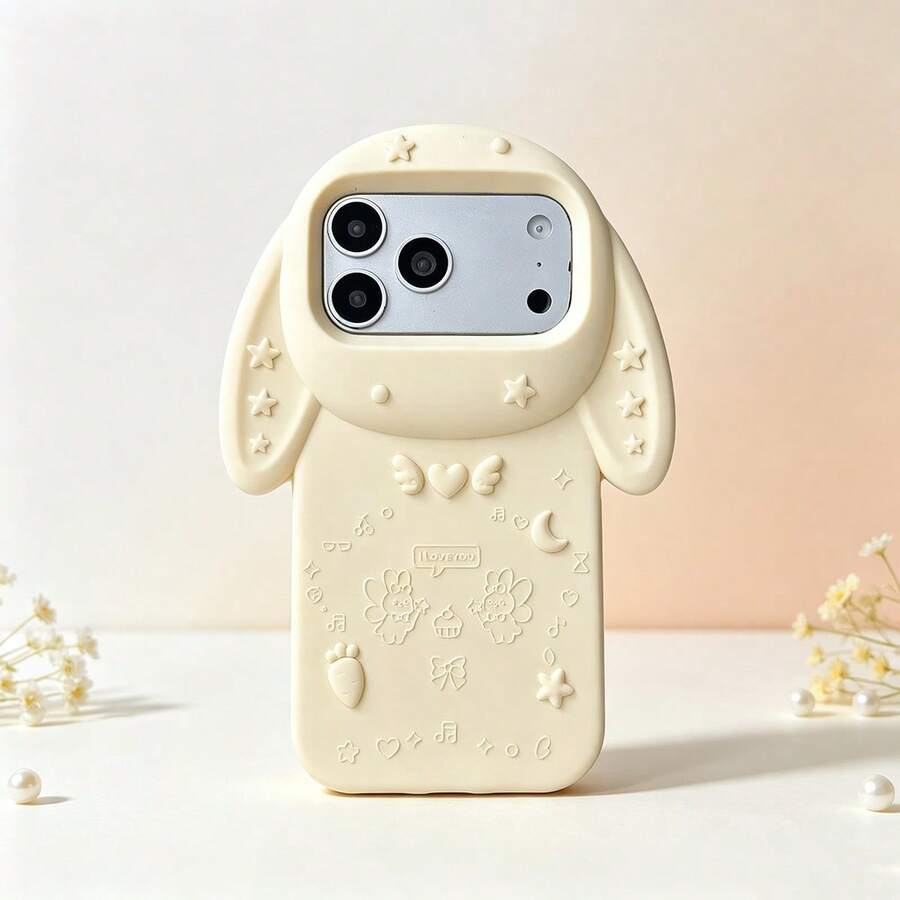 Cute 3D Floppy Ear Bunny Phone Case Compatible With Iphone, Cream White Silicone Shockproof Protective Cover, Embossed Star Moon Heart Pattern Cartoon Rabbit Phone Shell, Soft Full Body Anti-Slip Case Compatible With Iphone 16 15 14 13 12 11 Pro Max Embossed Star Moon Carrot Pattern Kawaii Cartoon Anti-Drop Phone Shell - Multicolor - View 1