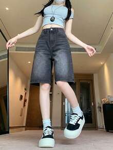 Quần short denim nữ cạp cao mặc nhà hàng ngày mùa hè, màu trơn, denim giặt wash vân râu mèo - Xám - Xem 2