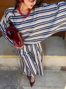 2件組新款優雅女款條紋拼色上衣休閒百搭長褲度假日常四季款 - 藏蓝色 - 查看 6