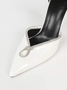 Women's White French Luxury Rhinestone Bow Chunky Heel High Heels With Single Strap Evening Dress Shoes - White - View 3