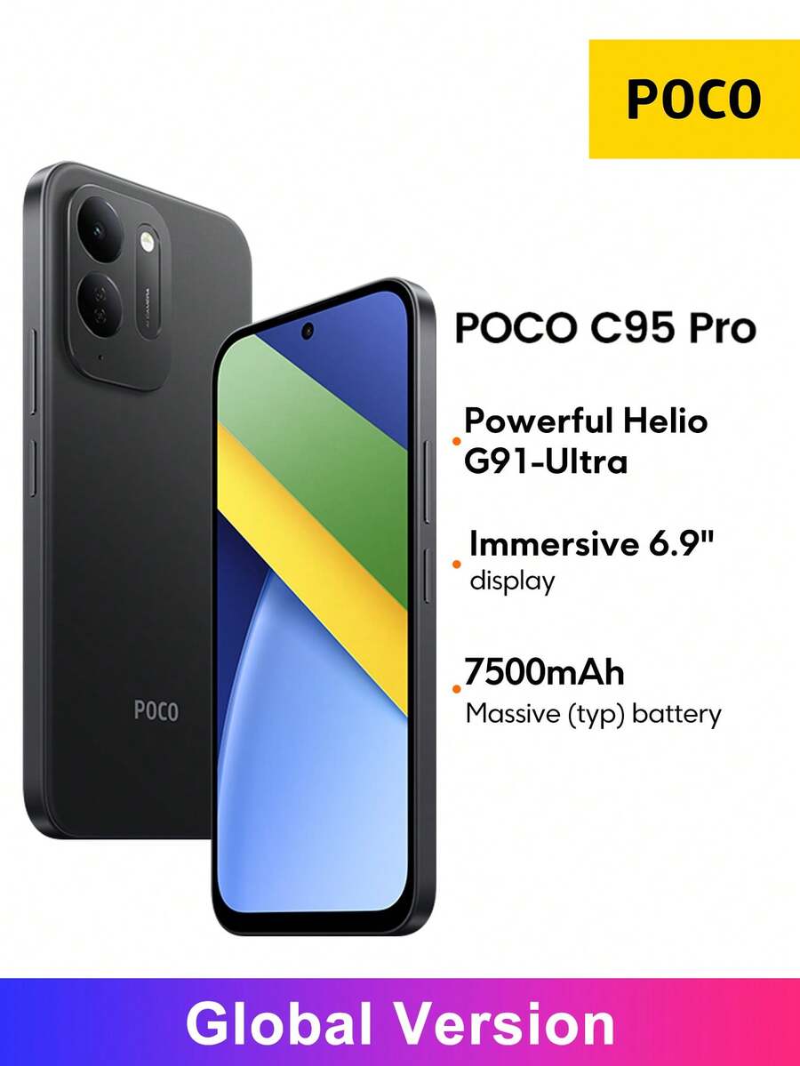 POCO C95 Pro 智慧型手機 全球版 MediaTek Helio G91-Ultra 50MP AI 雙鏡頭 6.9 吋沉浸式螢幕 7500mAh 大容量電池 45W 快速充電 耐用 Corning® Gorilla® Glass 7i 動態 RGB 燈光 Xiaomi HyperOS 3 - 黑色 - 查看 1