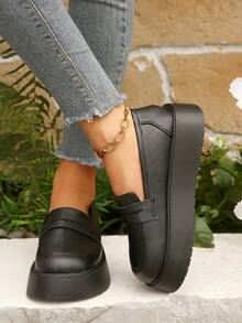 Women's Loafers And Slip-On Shoes, Vintage Thick Sole Shoes, British Academy Style Height-Increasing Versatile Shoes - Black - View 4