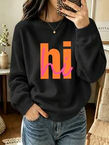 Plus-Size Women's Fashion Crew Neck Sweatshirt, Orange And Pink Color-Blocked "Hi" Graphic Print, A Casual Street Style Top For Autumn And Winter. - Black - View 6