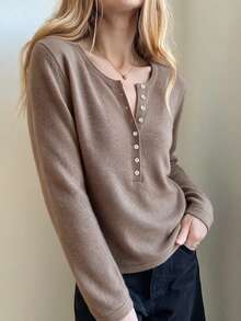 HEYMINI Women's New Soft Wool Sweater, Round Neck Long Sleeve Knit Base Layer Top, Button Half-Open Collar Design, Suitable For Autumn/Winter Outfits - Maroon - View 3