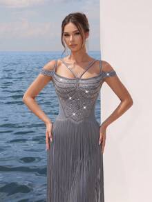 FEELAIR New Cold Shoulder Spaghetti Strap Heavy Rhinestone Tassel Long Dress, Grey Slim Fit Evening Gown, Suitable For Party, Banquet And Formal Occasions - Gray Blue - View 2