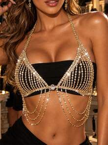 Beach Bikini Tassel Rhinestone Chest Chain Women's Luxury Sparkling Crystal Body Chain Lingerie Accessory - Gold - View 2
