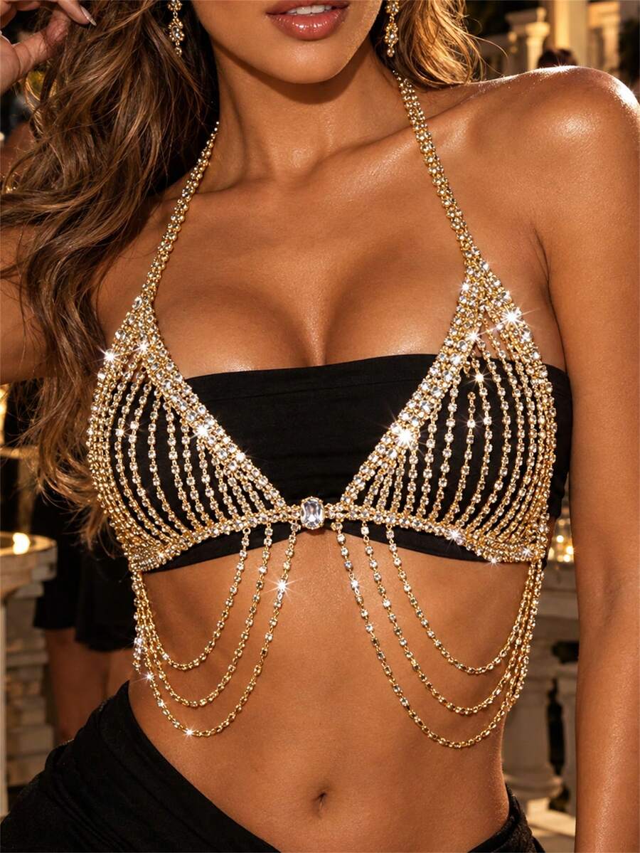 Beach Bikini Tassel Rhinestone Chest Chain Women's Luxury Sparkling Crystal Body Chain Lingerie Accessory