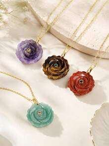 1pc Crystal Carved Rose Flower Necklace Pendant Natural Stone Amethyst Quartz Agate Handmade Jewelry Charm For Women H960 - Necklace - View 2