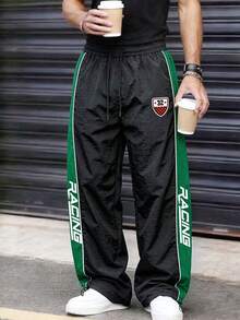 Men's Casual Long Pants, Colorblock Design, Lightweight & Comfortable, Drawstring Waist, Adjustable Cuffed Hem, Side Pockets, Suitable For Daily Casual Streetwear & Sports, Versatile Styling, Perfect Gift For Friends - Black - View 1