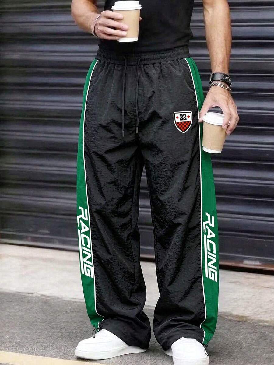 Men's Casual Long Pants, Colorblock Design, Lightweight & Comfortable, Drawstring Waist, Adjustable Cuffed Hem, Side Pockets, Suitable For Daily Casual Streetwear & Sports, Versatile Styling, Perfect Gift For Friends - Black - View 1
