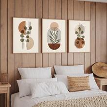 3Pcs Mid Century Modern Canvas Wall Art, Earth Tone Abstract Geometric Botanical Prints, Boho Terracotta Green Plant Poster For Living Room Bedroom, Home Decoration, Posters & Prints, Frameless - 368 - View 5