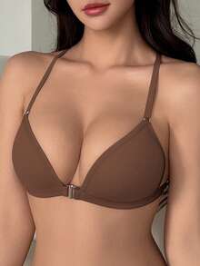 DAZY Front Closure Coffee Brown Wireless Bra, Fixed Padding, Detachable Straps, Multi-Wear: Spaghetti Strap, Cross Back And Camisole Style - Coffee Brown - View 2