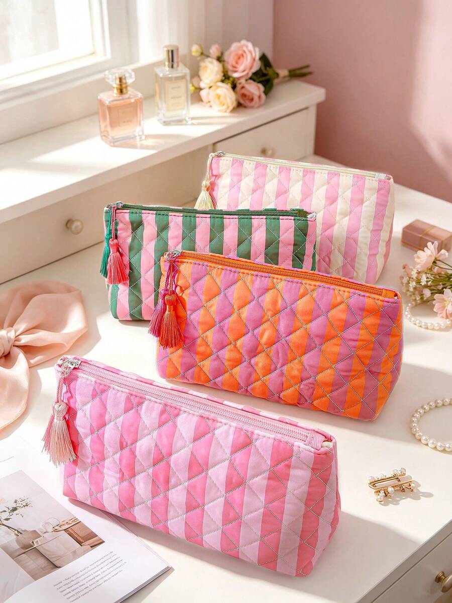 Striped Quilted Make Bag With Tassel Zipper, Large‑Capacity Makeup Pouch, Travel Toiletry Storage Organizer, Cash Coin Purse,Card Holder; Clutch Bag - Multicolor - View 1