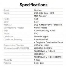 VENTION USB-C To Dual HDMI MST Adapter, Type C To 2 HDMI Ports Multi Monitor Converter, Aluminum Alloy Housing, 4K Video Display, Gray, 0.15M Short Cable For Laptop Desktop - View 10