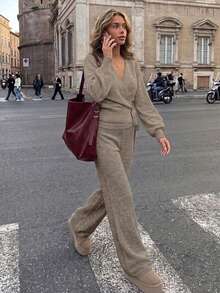 Women's Fashion Casual Sweater + Mid-Waist Pants 2pcs Set - Camel Brown - View 2