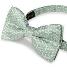 Light Green & White Fine Check Pre-Tied Bow Tie 4-Piece Set, Pocket Square, Cufflinks, Lapel Pin, Business Commute Party Outfit - Mint Green - View 3