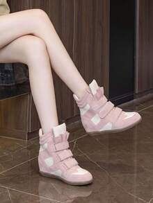 Women's Sports Shoes Invisible Height Increase Hook-And-Loop Design Fashion High-Top Casual Shoes For Daily Wear - Pink and White - View 3