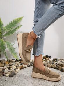 New Metal Chain Wedge Loafers For Women, Faux Suede Thick Sole Slip-On Comfortable High Heel Shoes For Commuting And Home - Apricot - View 6
