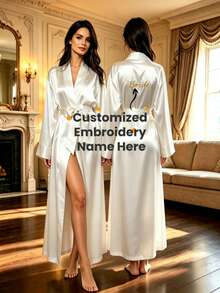 Customized Name Anniversary Embroidered Satin Kimono Style Morning Robe Personalized Name Bridesmaid Bride Wedding Preparation Wear Tie-Up Silk Bathrobe Bridal Party Gift - Multicolor - View 2