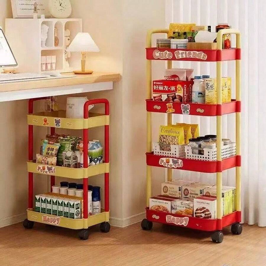 1pc Dopamine Movable Multi-Layer Storage Rack, Floor Standing Organizer Shelf, Home Bedroom Bathroom Living Room Dorm Snack Storage Rack - Multicolor - View 1