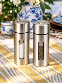 2pcs Stainless Steel Salt And Pepper Shaker Set, Viewing Windows, Brushed Finish, Portable Caddy, Tabletop Seasoning Organizer For Ground Spices, Kitchen, Dining Table, Restaurant, BBQ, Saudi National Day Dining, Christmas Table Settings And Gifts - Multicolor - View 8