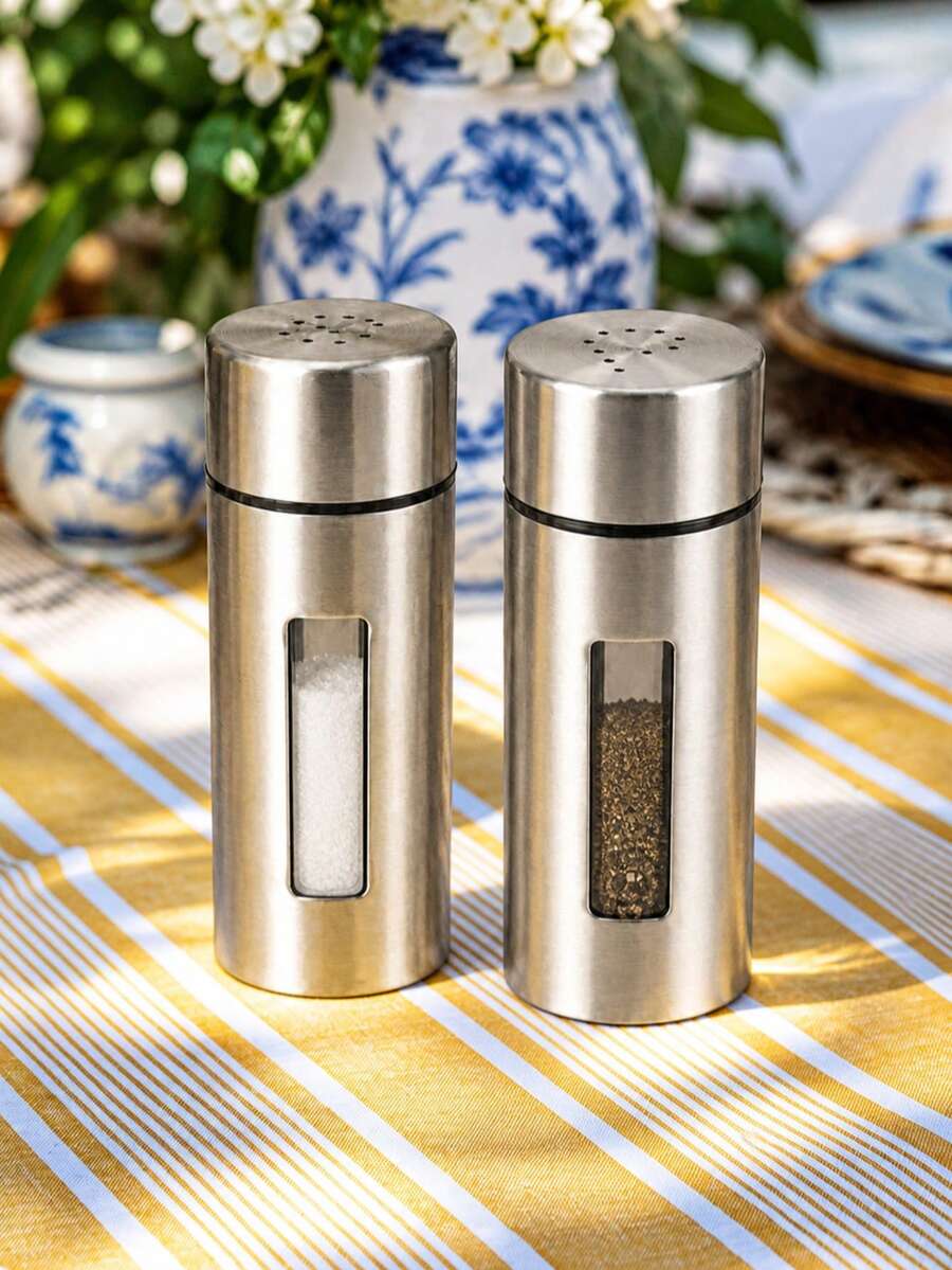 2pcs Stainless Steel Salt And Pepper Shaker Set, Viewing Windows, Brushed Finish, Portable Caddy, Tabletop Seasoning Organizer For Ground Spices, Kitchen, Dining Table, Restaurant, BBQ, Saudi National Day Dining, Christmas Table Settings And Gifts - Multicolor - View 1
